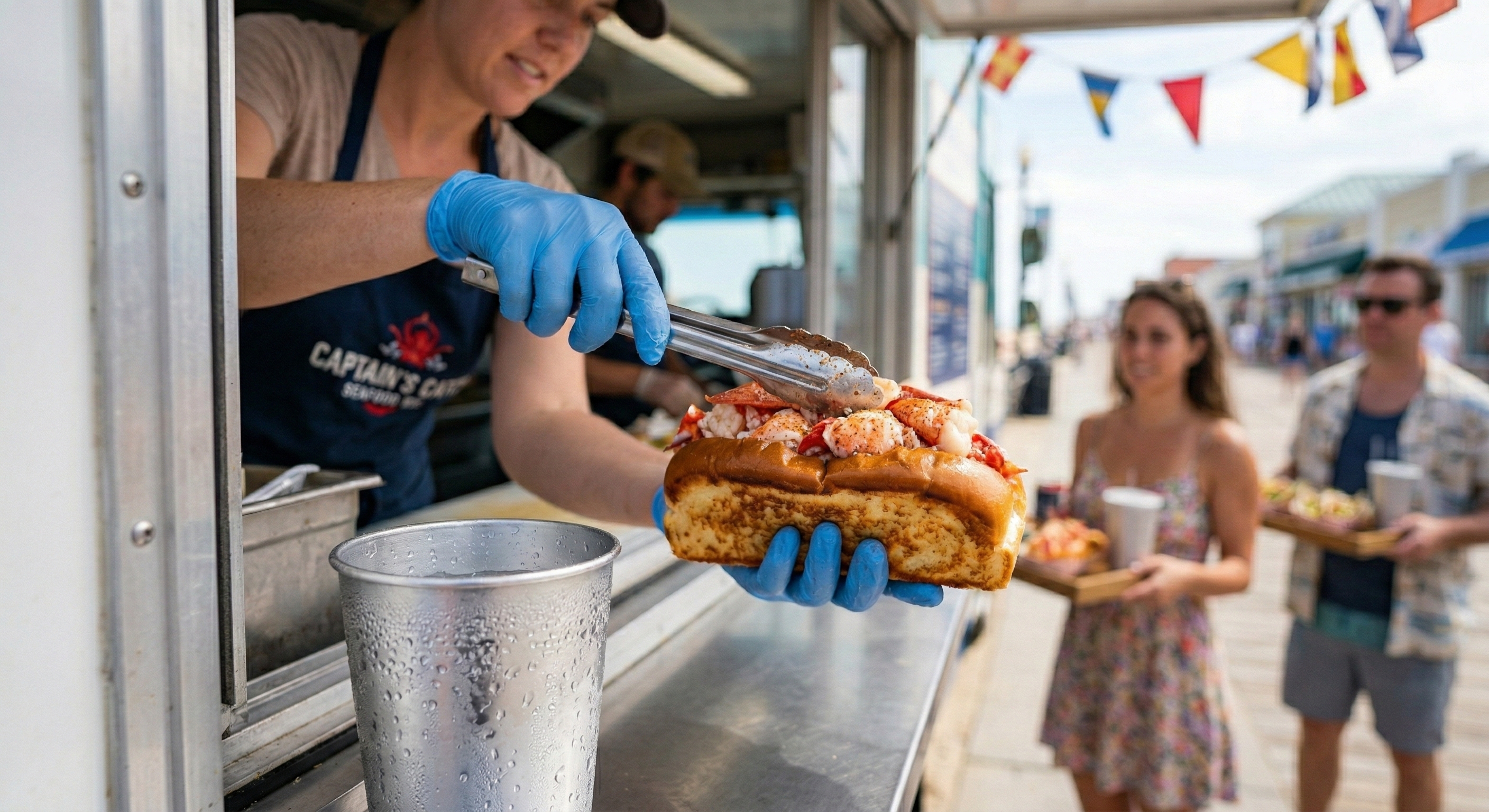Food truck vendor handing food to a customer